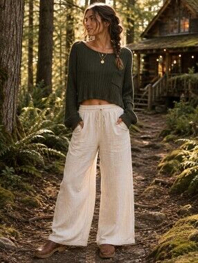 Natural Life Cropped Sweater XL Olive Green Ribbed Knit Oversized Cottage Boho
